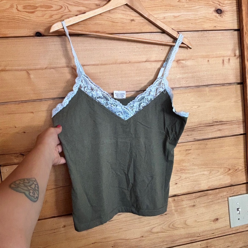 Vintage‎ Cotton Olive Green Camisole Womens Small Lace Beaded Tank Top Jessica